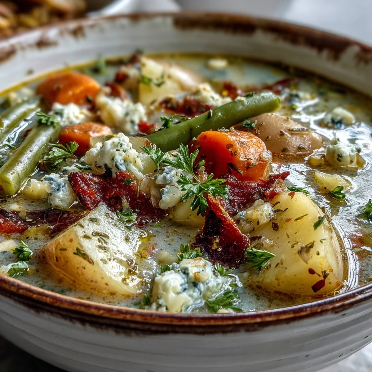 Creamy Amish Snow Day Soup with tender vegetables and fresh parsley, served steaming in a rustic bowl.