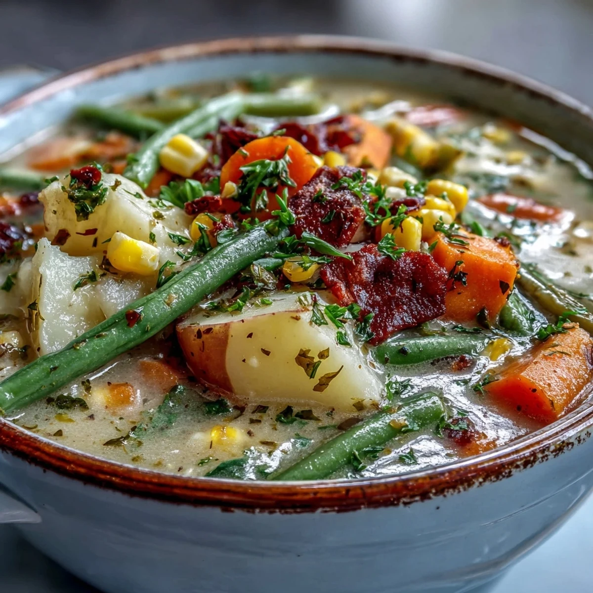Hearty Amish Snow Day Soup with corn and potatoes simmered in thyme-scented, creamy broth.
