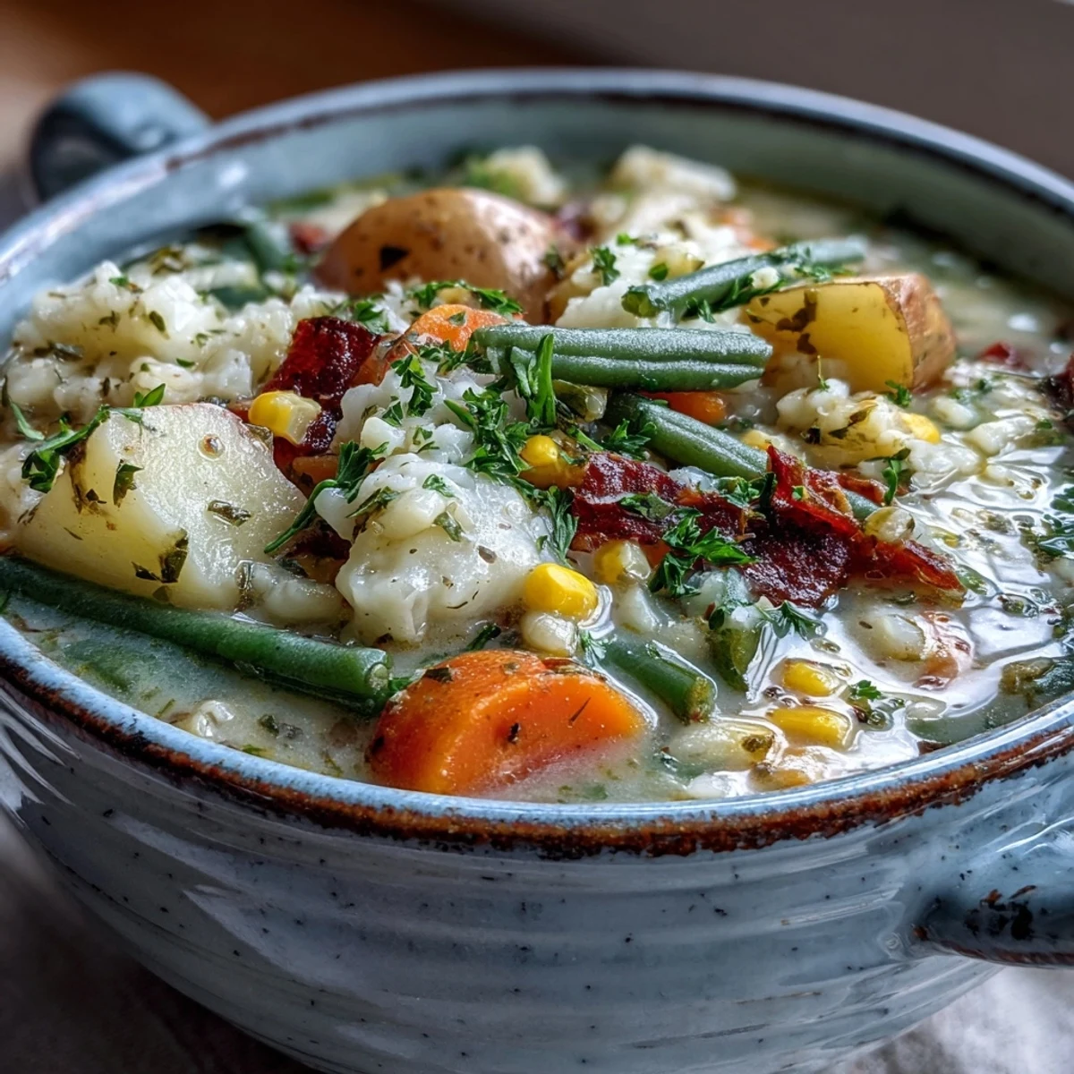 Freshly ladled Amish Snow Day Soup beside crusty bread, ready for a cozy winter lunch.