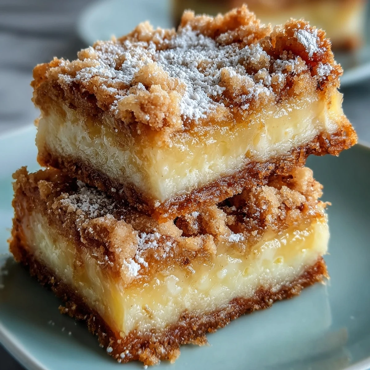 Golden-brown Homemade Lemon Crumb Bars dusted with powdered sugar showcase buttery crumble topping and bright yellow citrus filling on a rustic wooden table.