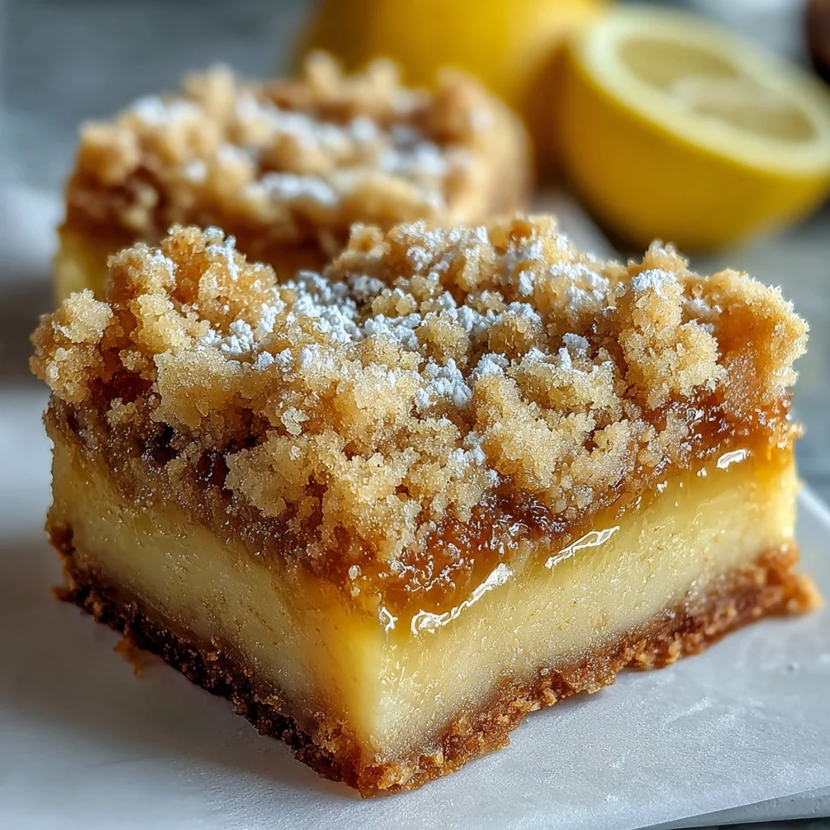 Slice of moist Homemade Lemon Crumb Bars reveals tender, gooey lemon filling with crumbly crust, served on a white plate beside fresh lemons.