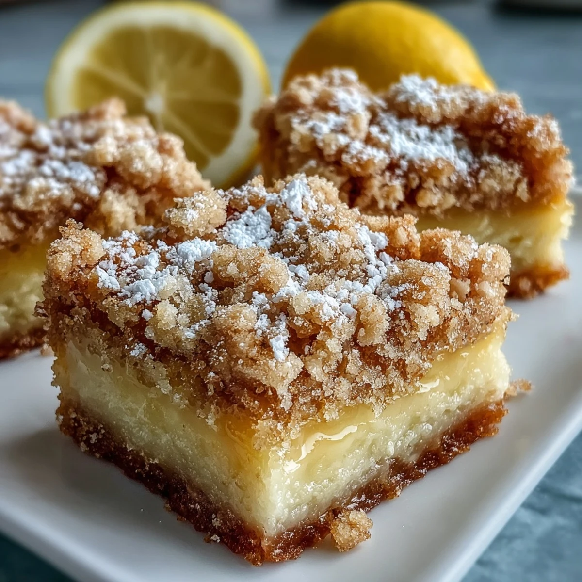Homemade Lemon Crumb Bars with golden crumb topping sit on a wooden cutting board, ready to be enjoyed with a hot cup of coffee.