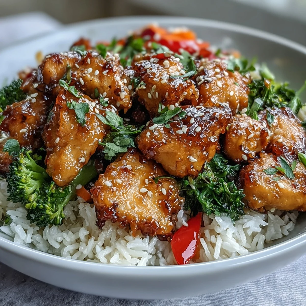 A close-up of a honey garlic chicken bowl, featuring golden glazed chicken, steamed vegetables, and fluffy rice garnished with green onions and sesame seeds.