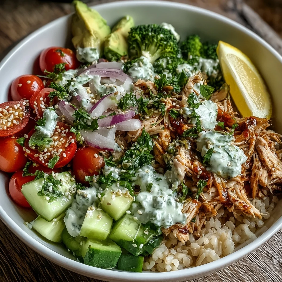 Rotisserie Chicken Bowl featuring fluffy brown rice topped with tender chicken and crunchy cucumber.