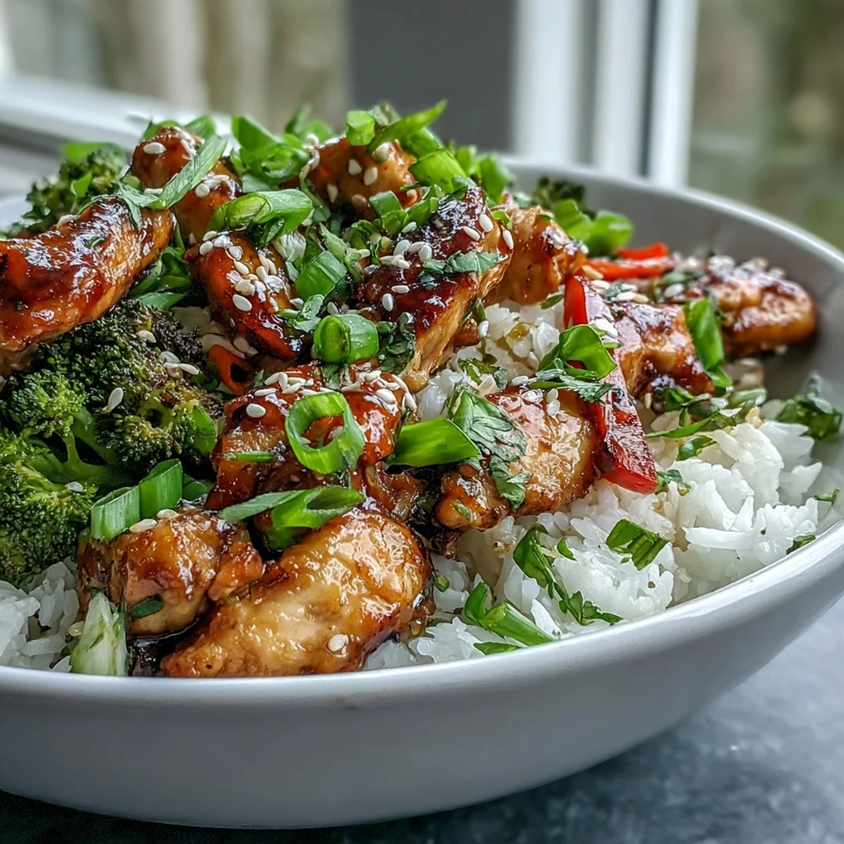A close-up of a colorful Chicken and Rice Bowl garnished with green onions and sesame seeds, showcasing tender chicken, fluffy rice, and vibrant bell peppers.