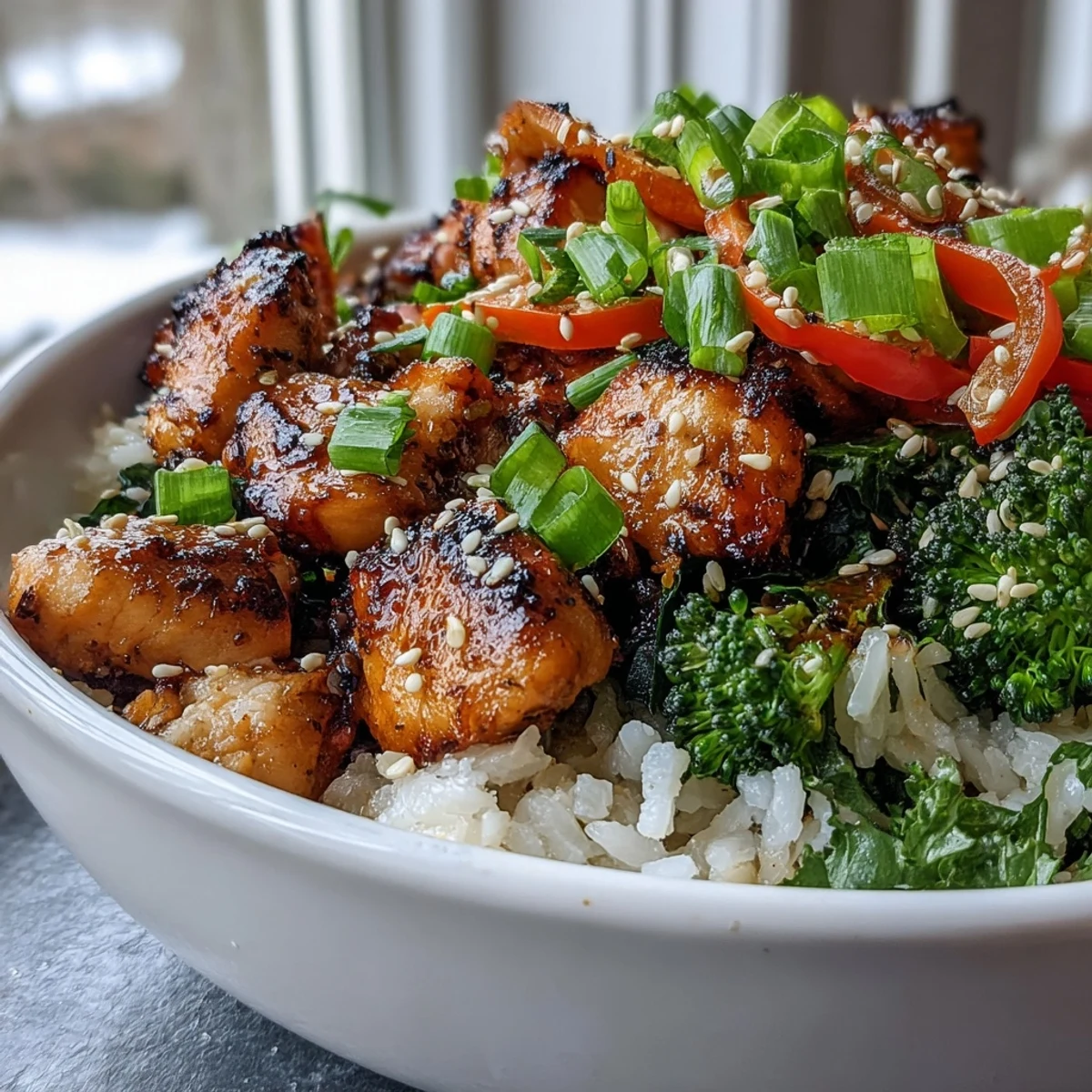 Overhead view of a wholesome Chicken and Rice Bowl in a white ceramic bowl, featuring golden-brown chicken, crisp broccoli, and julienned carrots on a bed of steamed rice.