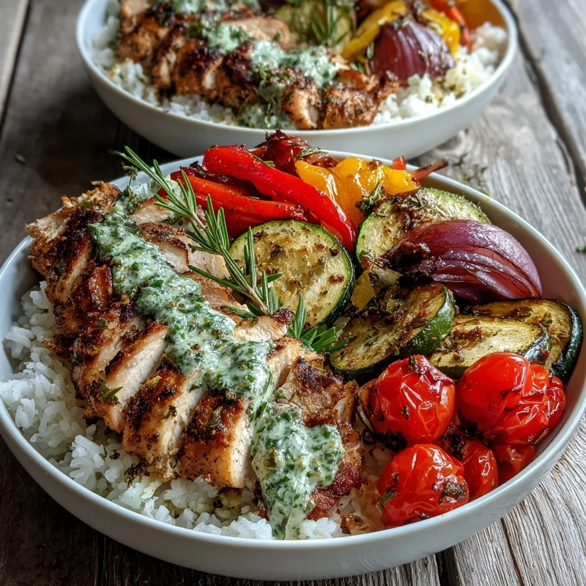 A fresh Lemon Herb Roasted Chicken Bowl garnished with rosemary sprigs and drizzled with zesty lemon dressing for a wholesome meal.