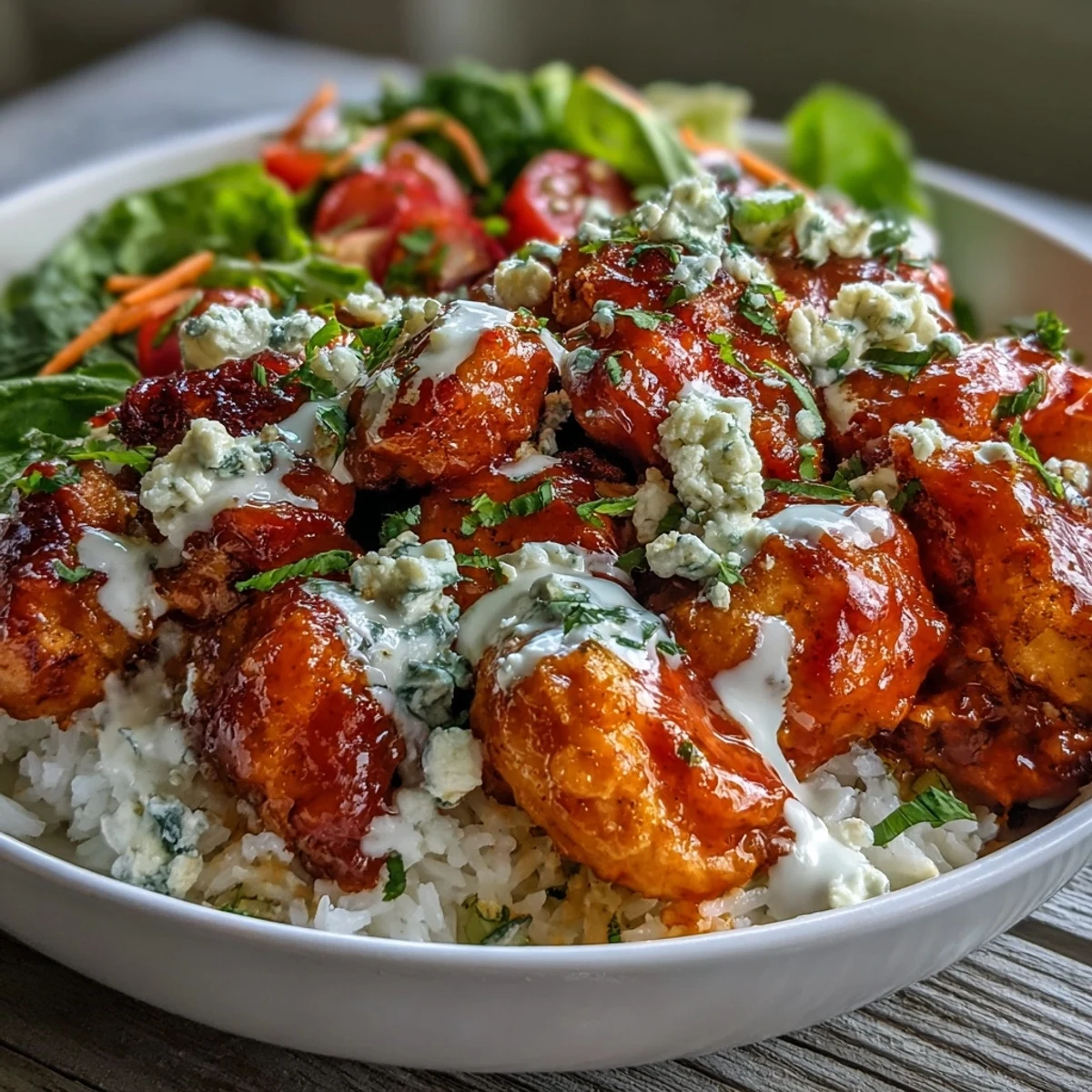 A vibrant Buffalo Chicken Bowl features spicy, tender chicken over crisp vegetables, topped with creamy ranch and tangy blue cheese crumbles.