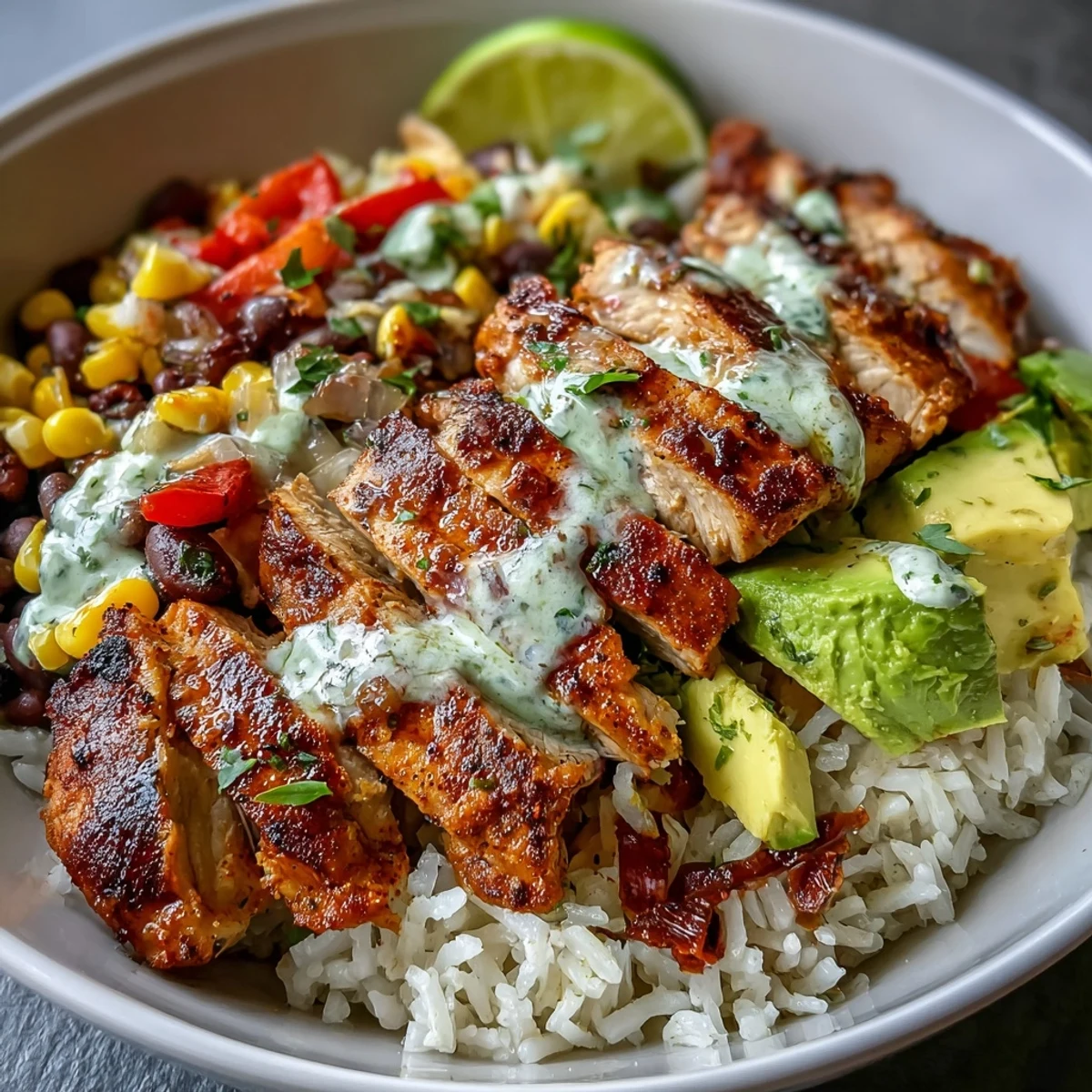 A close-up of a Cajun Chicken Bowl with seasoned chicken, fluffy rice, black beans, corn, and bright bell peppers, topped with avocado and cilantro.