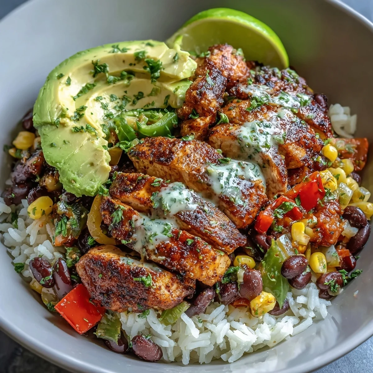 A vibrant Cajun Chicken Bowl served in a rustic bowl, featuring juicy grilled chicken, colorful peppers, and lime wedges for a zesty finish.