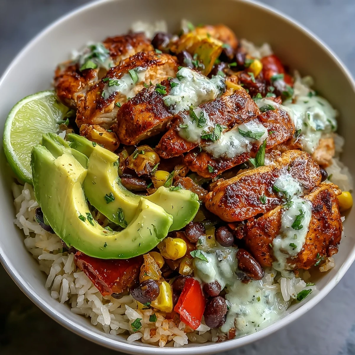 A delicious Cajun Chicken Bowl topped with fresh avocado slices and cilantro, surrounded by black beans, corn, and vibrant peppers on a bed of rice.