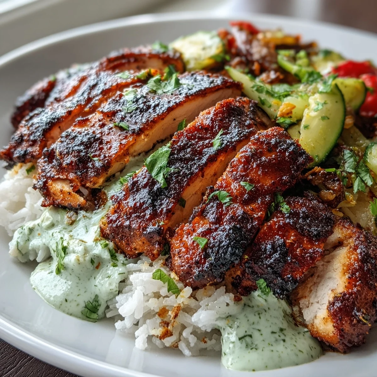 Sliced blackened chicken breast rests atop fluffy white rice, sautéed peppers, zucchini, and onion, drizzled with creamy lime crema.  