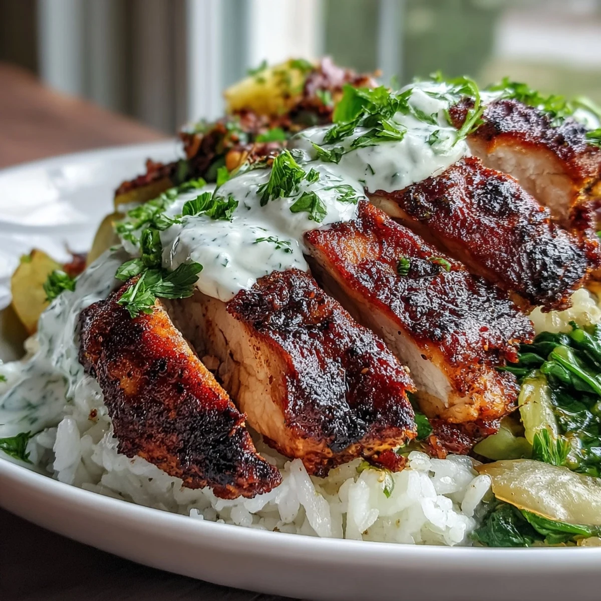 Steaming bowl of homemade Blackened Chicken Bowl featuring vibrant vegetables, seasoned rice, and a garnish of fresh cilantro.  