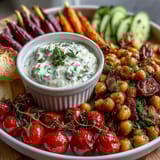 Vibrant spring food board with radishes, peas, and herb dip, perfect for entertaining or a light appetizer.