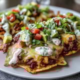 Soccer Game Day Nachos with Cheese Sauce piled high on crispy tortilla chips, smothered in rich, creamy cheddar sauce, and topped with fresh jalapeños, tomatoes, and cilantro.