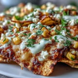 Festive Cinco de Mayo Elote Nachos piled high with Monterey Jack, cotija, jalapeño, and creamy chipotle crema for bold flavor.  