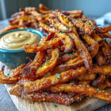 Golden, seasoned air fryer sweet potato fries served with a zesty chipotle aioli dip.