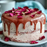 A moist and delicate Bridal Shower Rosé Velvet Cake dripping with edible gold.
