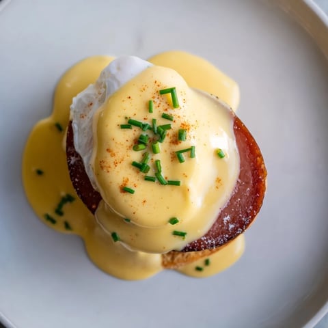 Golden-brown Eggs Benedict topped with rich hollandaise, resting on toasted English muffins.