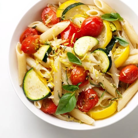 Close-up of Garden Veggie Pasta featuring zucchini, yellow squash, and cherry tomatoes tossed with olive oil and fresh basil in a white serving bowl.