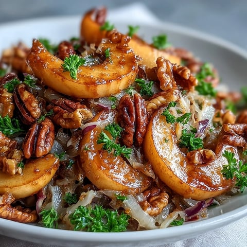 Warm Apple and Sauerkraut Skillet Salad garnished with parsley and walnuts, served in a rustic pan for a cozy autumn meal.