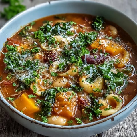 A comforting bowl of Winter Minestrone Soup With Butternut Squash and Kale, showcasing tender vegetables and beans in a rich tomato broth.  