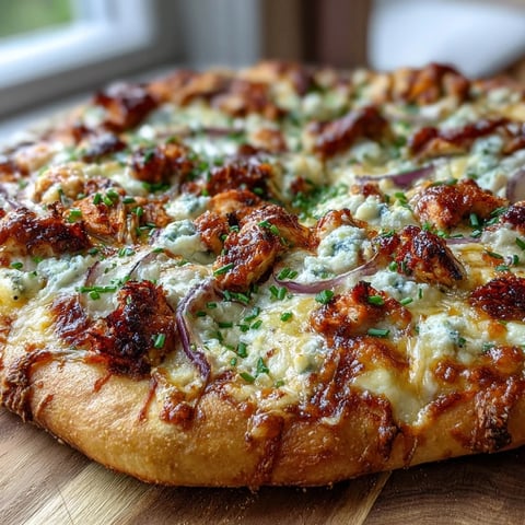 Golden-baked Buffalo Chicken Pizza with a crispy crust, loaded with spicy chicken, melted mozzarella, and a drizzle of tangy ranch.