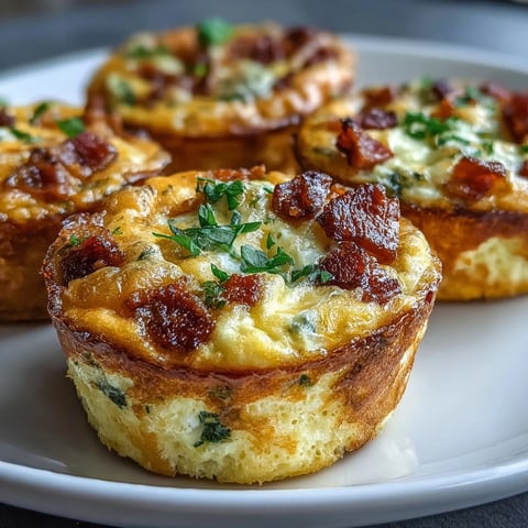 Golden-brown Breakfast Egg Muffins featuring melted cheddar, crisp bacon, and colorful bell peppers, served warm for a savory morning meal.