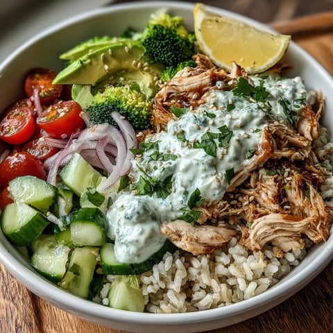 Rotisserie Chicken Bowl with juicy chicken, fresh veggies, and creamy avocado, drizzled with sauce.