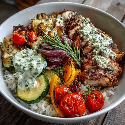 Golden-brown lemon herb roasted chicken slices rest on fluffy white rice beside vibrant roasted zucchini, bell peppers, and cherry tomatoes.