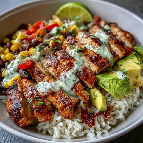 A close-up of a Cajun Chicken Bowl with seasoned chicken, fluffy rice, black beans, corn, and bright bell peppers, topped with avocado and cilantro.