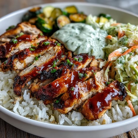 Golden BBQ chicken slices glisten over fluffy rice, beside crisp coleslaw and roasted vegetables in this vibrant bowl.  