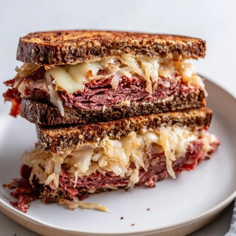 A close-up of a perfectly toasted Reuben sandwich, ready to slice and enjoy with a hearty bite.