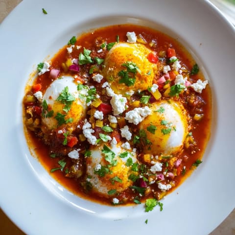 A bubbling skillet of Shakshuka, eggs poached in a flavorful tomato sauce, perfect for dipping bread.
