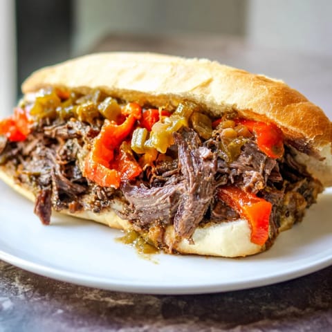 Close-up of a delicious Italian Beef Sandwich, showcasing tender beef and a crusty roll dipped in au jus.