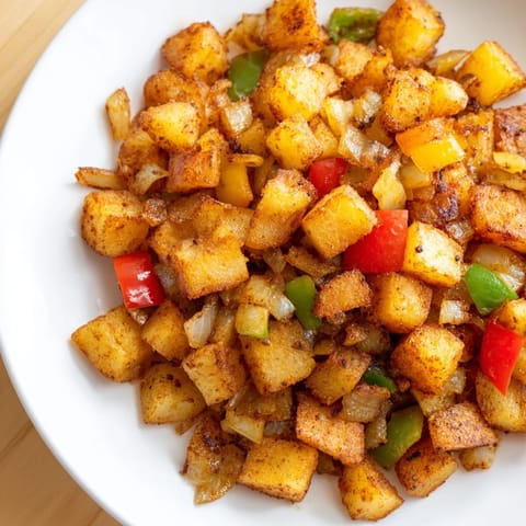 A close-up of piping-hot home fries, featuring diced potatoes, perfect for a hearty breakfast.