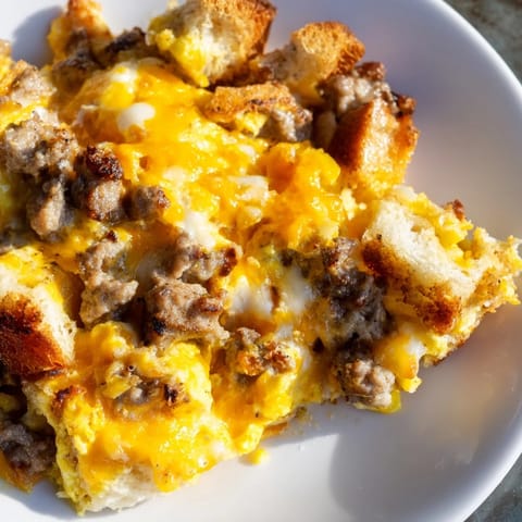 A close-up of a warm Breakfast Sausage Casserole, showcasing melty cheese and the seasoned sausage.