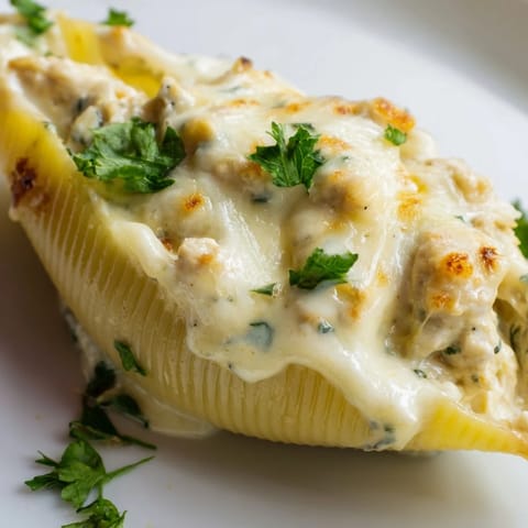 Creamy Chicken Alfredo Stuffed Shells topped with melted cheese and fresh parsley, served beside a simple green salad.