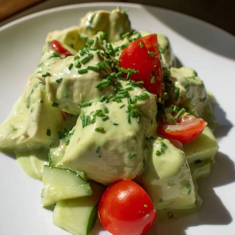 Vibrant chopped avocado ranch chicken salad tossed with red onion, celery, and herbs for a light, satisfying lunch.  
