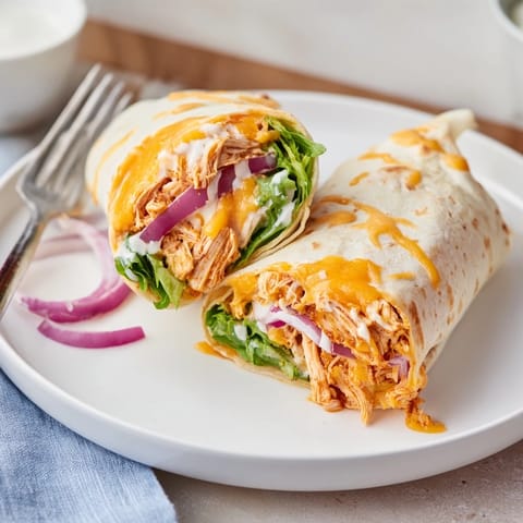 A close-up view of a Buffalo Ranch Chicken Wrap filled with juicy buffalo chicken, creamy ranch, and vibrant red onion on a rustic wooden board.