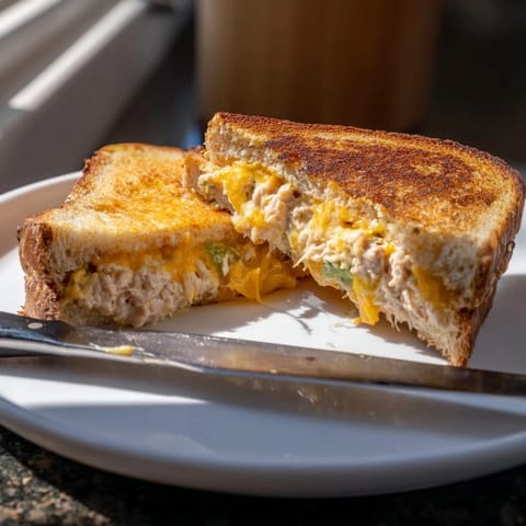 A close-up of a Spicy Tuna Melt sandwich with melted cheese oozing from the edges.