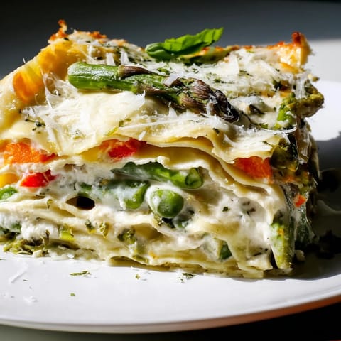 A close-up of Spring Veggie Alfredo Lasagna shows tender zucchini, carrots, and peas between no-boil noodles.