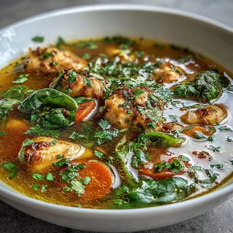 A warm bowl of golden Turmeric Chicken Soup garnished with fresh parsley and lemon slices.