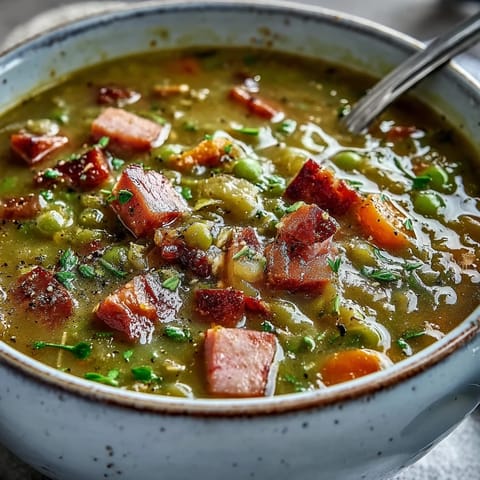 Close-up shot of thick Split Pea and Ham Soup featuring tender peas and chunks of savory ham.