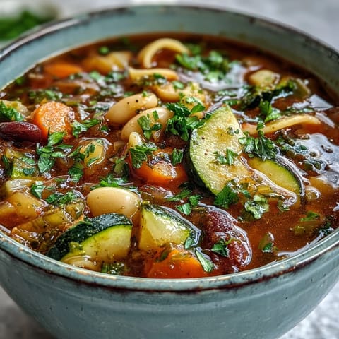 Homemade Minestrone Soup simmering in a pot, featuring fresh carrots, zucchini, and spinach with fragrant herbs.