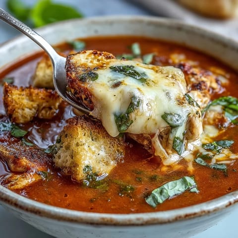 Grilled Chicken Parmesan Soup served hot with a side salad and crusty bread for dipping.  