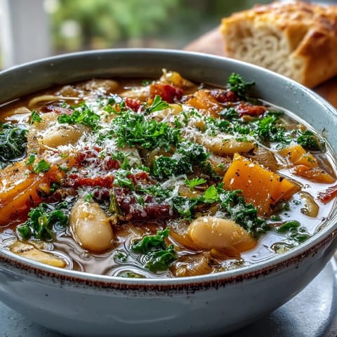 A hearty bowl of Winter Minestrone Soup with kale and butternut squash, served with crusty bread.