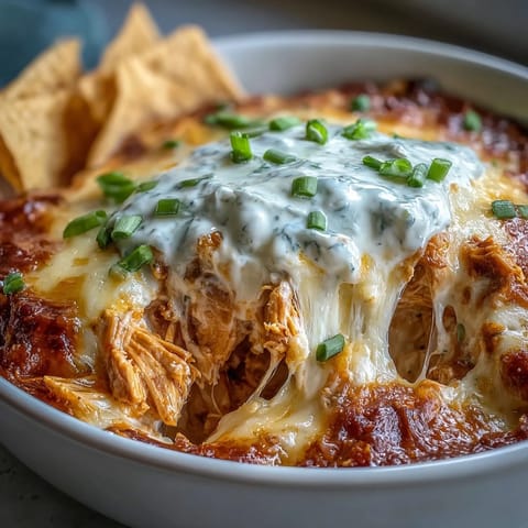 Shredded chicken, creamy ranch, and spicy buffalo wing sauce being stirred for a party appetizer.