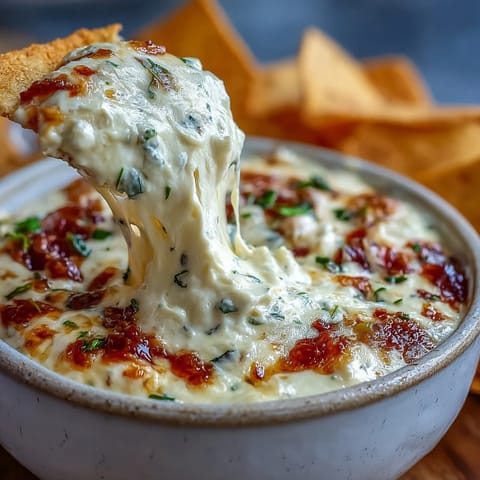Freshly made Queso Dip topped with cilantro and green onions, surrounded by crispy tortilla chips and sliced jalapeños.