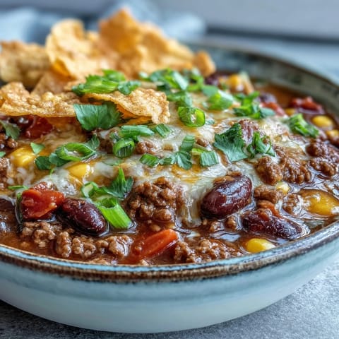 A comforting bowl of Taco Soup with seasoned beef, beans, and corn in rich broth.